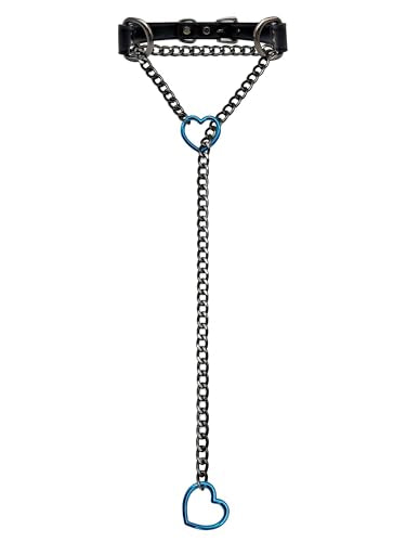Black Leather Choker Collar For Women, Handmade Heart Slip Chain Choker Long Necklace with Adjustable Buckle - color: B-Black-Black-Blue, size: 24''chain