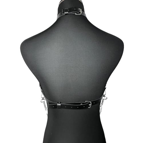 Black Leather Harness for Women, Punk Body Chest Harness with Chains, Adjustable Strappy Cage Bra Top for Rave Festival Clubwear - style: Punk