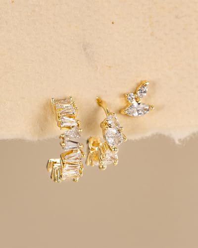 3 Pairs Small Earring Stacks, 14K Gold/Silver/Black/Rose Gold Plated Pearl Heart Butterfly Star Diamond Charm Drop Huggie Earrings Trendy Jewelry Gift for Women - color: Gold-Geometric