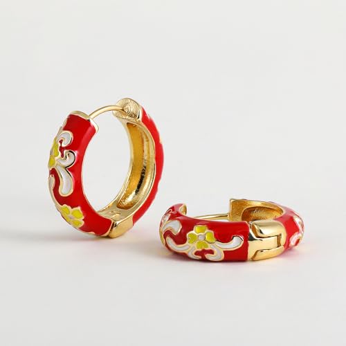 Vintage Enamel Flower Small Hoop Earrings Retro Elegant Flowers Earrings Colorful Flower Hoop Earring - color: Red