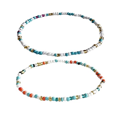 Boho Beads Anklets Set of 2pcs, Waterproof Beach Adjustable Stretch Imitation Turquoise White Pearls Bracelets for Women, Handmade Jewelry Gifts - style: Style 1