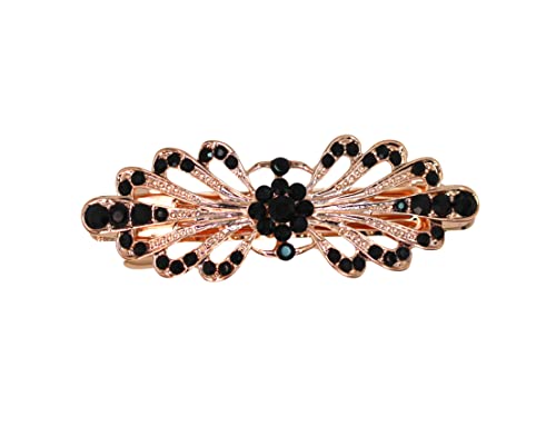 Faship Black Small Mini Floral Hair Barrette Clip - color: Black / Rose Gold Plated
