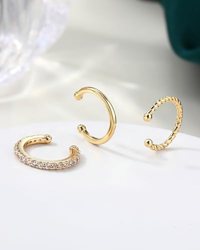 COCHARM 3PCS Ear Cuffs Non Piercing,14K Gold Plated Fake Helix Conch Earrings for Women, Surgical Steel Ear Cuff Cartilage Hoop Earrings