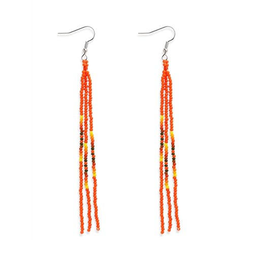 Native Long Beaded Tassel Earrings for Women, Boho Handmade Colorful Beads Statement Dangle Earing Prom Jewelry Gift. - color: Red