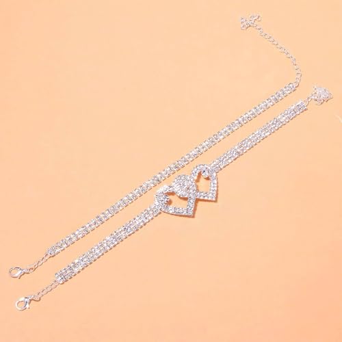 KaFu Heart Rhinestone Ankle Bracelets for Women, Adjustable Silver Shiny Tennis Anklets, Twinkle Cubic Zircon Diamond Anklet Foot Chain Beach Summer Jewelry Gifts - color: silver