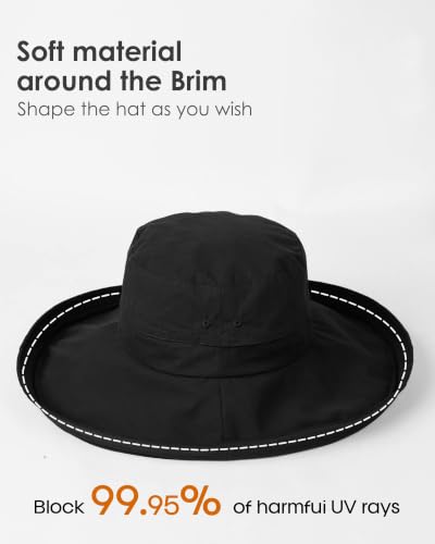 Sun Hats for Women Gardening Hat Wide Brim Ponytail Beach Sun Protection Breathable Cotton Summer Hat with Fold-Up Brim - color: Black