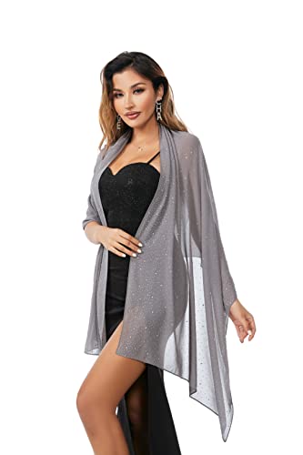 Shawls and Wraps for Evening Dresses Sheer Chiffon Women Elegant Soft Silky Sparkly Wedding Bridal Scarf - color: Drak Grey C
