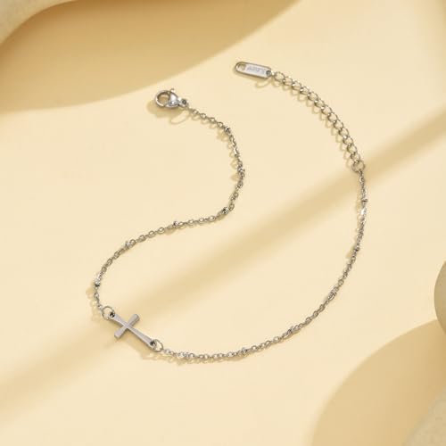 Cross Anklets for Women, 18K Gold Plated Dainty Ankle Bracelets with Colorful Beads Pearl Anklet, Adjustable Religious Christian Satellite Cross Chain, Waterproof Boho Summer Beach Jewelry - style: Satellite Cross-White Gold