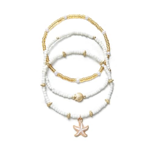 Vivian&CD Boho Shell Anklets Bracelet for Women Waterproof, Gold Layered Seashell Starfish Puka Shell Anklet, Adjustable Colorful Beaded Stack Stretch Bead Bracelet Set, Fashion Beach Foot Jewelry for Hawaii Summer Vacation - style: Starfish3