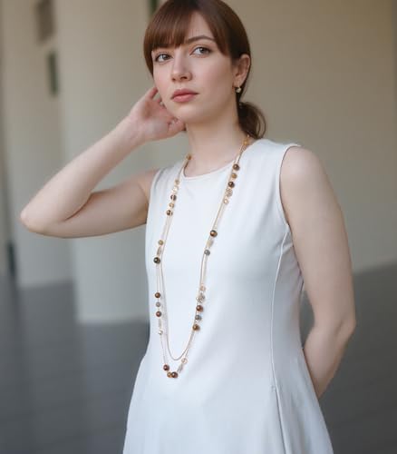 FULU AUTUMN Boho Gold Long Necklaces for Women Natural Stone Beaded Layered Long Necklace Mothers Day Gifts Dainty Flower Costume Jewelry for Women - color: Brown