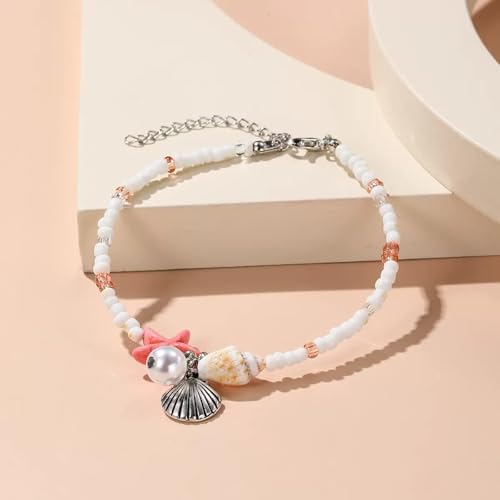 Ankle Bracelet for Women Beach Puka Shell Anklet Waterproof Starfish Seashell Pearl Anklets Stretch Beaded Ankle Bracelets Boho Beach Anklet Jewelry for Summer Beach Party - color: Pink