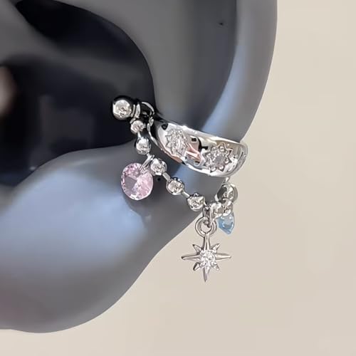 Silver Star Cartilage Huggie Earrings for Women – Crystal Celestial Charm Beaded Chain Dangle Helix Piercing Hoop Earrings, Pink Blue Y2K Vintage Trendy Jewelry Gift - color: 1PCS Silver Star