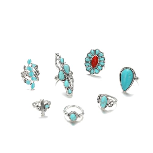 Bohemian Turquoise Ring for Women Stackable Vintage Chunky Boho Turquoise Ring Set Dainty Open Gemstone Knuckle Midi Finger Rings Western Statement Rings Jewelry - style: red seven