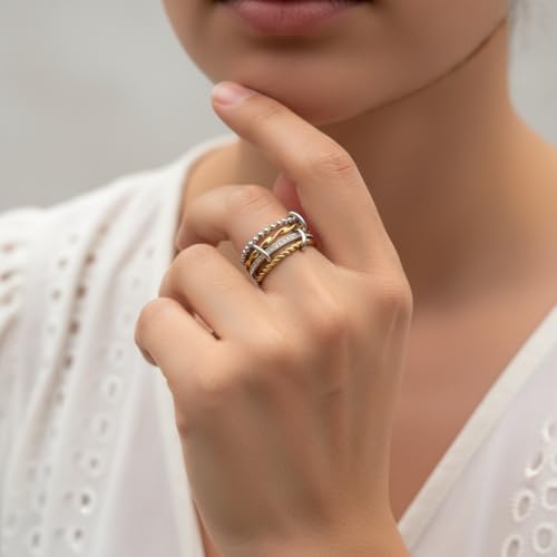 Gold Stackable Ring Set for Women Non Tarnish 316L Stainless Steel Cubic Zirconia Rings Silver Gold Multi Band Thumb Ring Mixed Metals 4 in 1 Interlocking Fashion Thin Dainty Unique Christmas Birthday Jewelry Gift