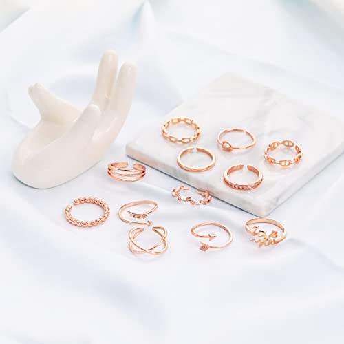 Honsny 12PCS Silver Plated Rings Adjustable Open Rings for Women Cute Gold Plated Stackable Thumb Rings Joint Chain Midi FingerArrow Knot Wave Band Rings Set - color: Rose gold 12pcs