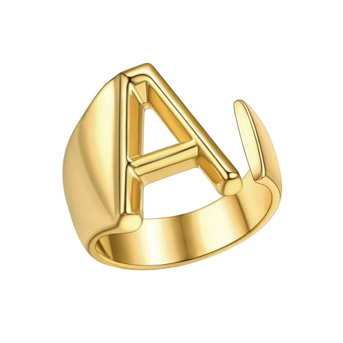 FindChic Customizable Initial Ring Statement 18K Gold Plated Fashion Cuff Rings for Women Alphabet Letter A to Z Resizable Knuckle Ring (with Gift Box) - color: A