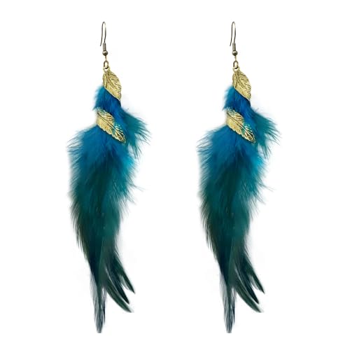 Feather Earrings for Women Bohemian Fringe Tassel Long Drop Dangle Earrings Lightweight Boho Statement earrings - color: blue