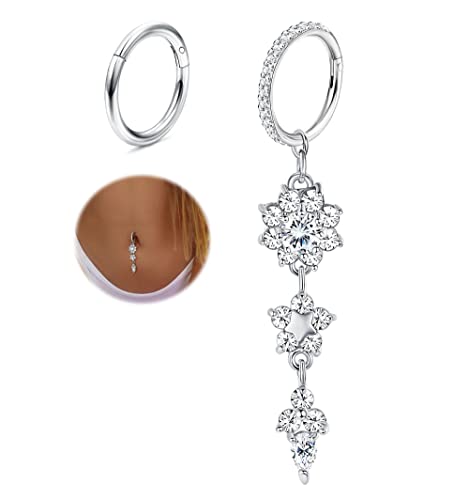 THUNARAZ 2Pcs Belly Button Rings for Women Surgical Stainless Steel Clicker Belly Rings Hoop CZ Heart Butterfly Dangle Navel Rings Belly Piercing Jewelry Silver Tone 14G - color: Silver Tone-Dangle