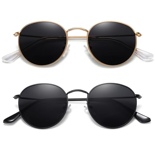 MEETSUN Round Polarized Sunglasses for Women Men Classic Retro Metal Frame Sun Glasses UV Protection - color: (2 Pack) Gold/Grey + Black/Grey