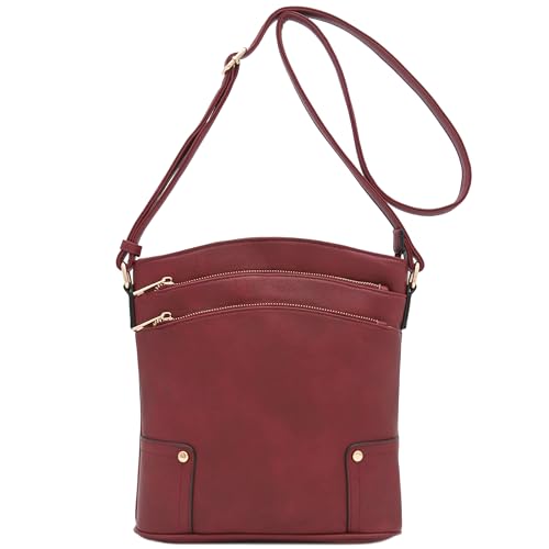 ALYSSA Triple Zip Pocket Large Crossbody Bag - color: Wine