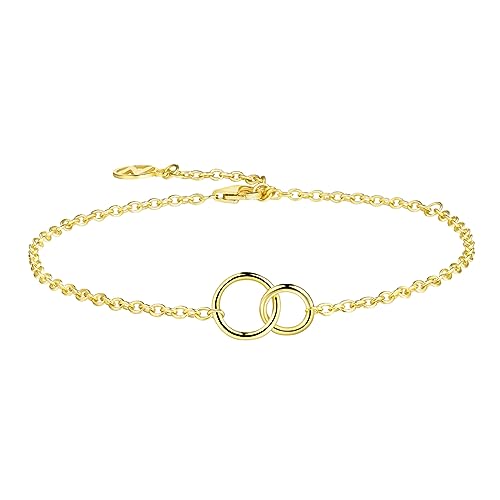 NOKMIT Solid 925 Sterling Silver Bracelets for Women, Dainty Interlocking Circles Cubic Zirconia Adjustable Chain Bracelet, Trendy Stackable Link Bracelets, Simple Cute Jewelry Gifts - color: Gold Interlocking Circles
