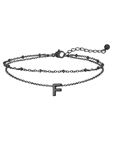 FaithHeart Initial Ankle Bracelets for Women, Waterproof 14k Gold Plated Initial Anklets Non Tarnish Stainless Steel Cute Layered Anklet Summer Beach Jewelry - color: Black, size: Initial F