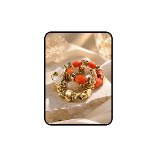 Gold Bracelet Stack For Women, 3Pcs Jade Vintage Chunky Stackable Stretch Boho Western Adjustable Bracelet Stacks Statement Dainty Tarnish Free Waterproof Jewelry Gift - color: Unique-Orange