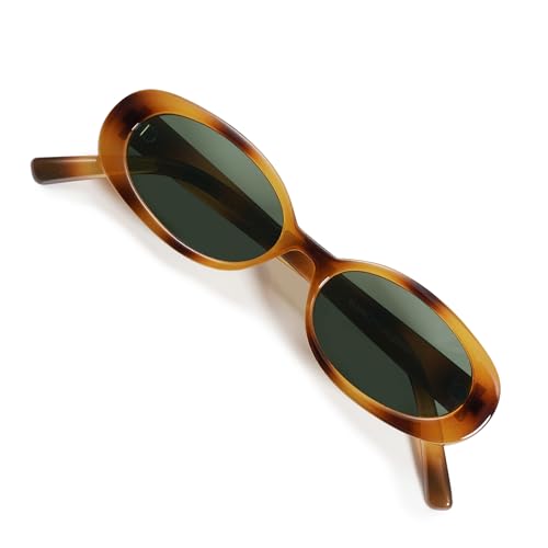 VANLINKER Polarized Retro Oval Sunglasses for Women and Men Small 90s Style VL9580 - color: C13 Amber Frame/Green Lens