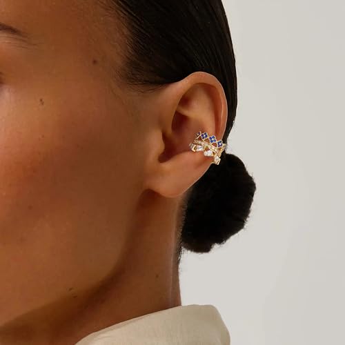MEVECCO Ear Cuff Non Piercing for Women 18K Gold Plated Dainty Ear Cuff Earring Stacks Cartilage Clip On Wrap Huggie Minimalist Fake Piercings Open Hoops Jewelry Gifts - style: flower-blue