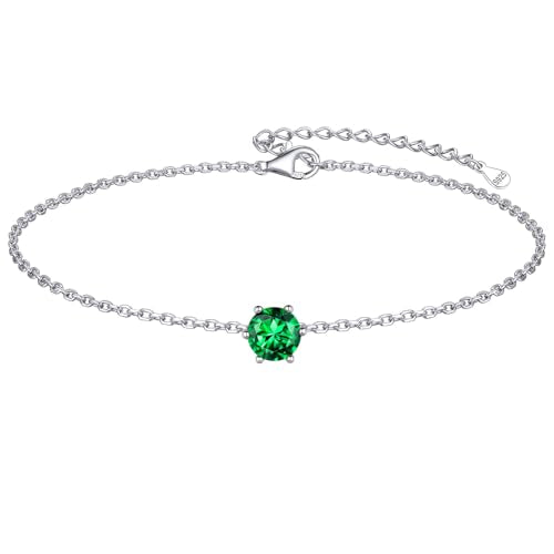 ChicSilver 925 Sterling Silver Anklets for Women, Simple Dainty Round/Heart Birthstone Ankle Bracelet Beach Foot Jewelry, 8.7-10.7 Inch Adjustable - color: 05. Round - May(Emerald)
