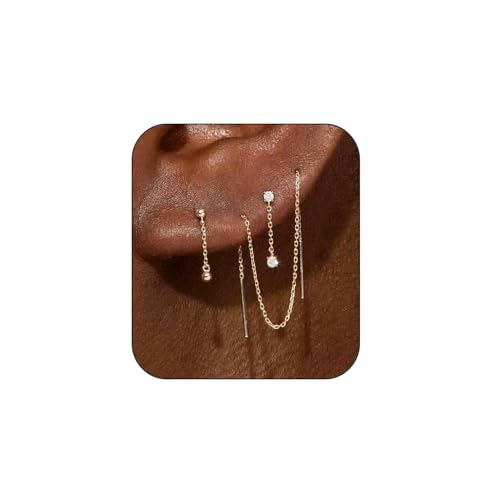 Trendy Zircon Tassel Chain Threader Earrings Set for Women Chain Dangle Earrings Dainty Rhinestone Hoop Earrings Set for Women Stack Jewelry Long Drop Ear Line - color: Gold-one ear-A