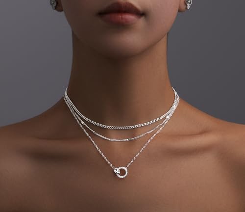 WomenGifts Layered Gold Necklaces for Women, 14K Gold Sterling Silver Plated Dainty Pendant Necklace Set Non Tarnish, Chunky Stackable Cuban Chain Choker, Trendy Birthstone Vacation Jewelry Gift - color: Silver, style: Double Circle