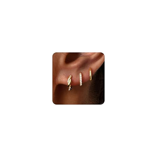 Poxtex Small Sterling Silver Huggie Hoop Earrings Set for Women, Hypoallergenic 14K Gold Plated Hoops Stacks for Multiple Piercings, Dainty Cute Mini Lightweight Cartilage Studs Trendy Jewelry Gift - color: Gold-twisted hoop