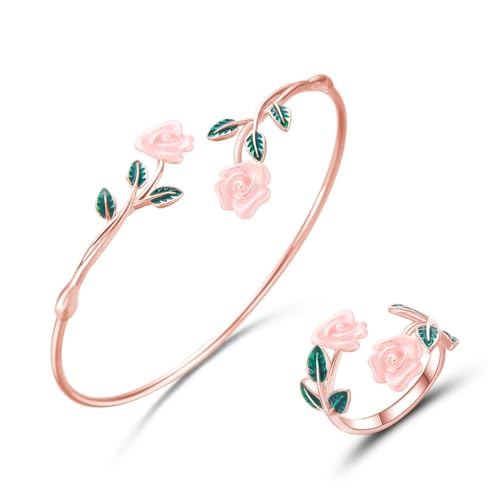 Dtja Vintage Rose Flower Bangle Cuff Bracelet Red Floral Statement Expandable Adjustable Ring for Women Antique Tribal Theme Green Leaf Jewelry for Valentine Christmas Holiday 2 Piece Set - color: Rose Gold-Toned