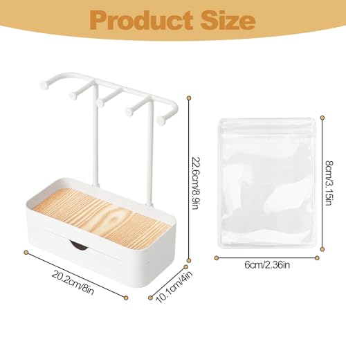 Jewelry Organizer Stand, 2-Tier Necklaces Holder with Wooden Tray and 5 Storage Hooks, Earring Holder with 5 Pcs Jewelry Bags for Bracelet,Chains,Rings,Earrings,Keys Watches (White) - color: Upgraded White