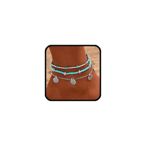 Stack Anklets Ankle Bracelets for Women Adjustable Waterproof Beach Jewelry Set Boho Gold Seashell Bead Surf Foot Chain Summer Gifts - color: 3pcs-Blue