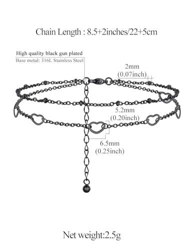 FindChic Black/Silver/Gold Plated Anklets Set of 2PCS/3PCS Herringbone Chain Cuban Link Heart Charm Sparkling Tennis Ankle Bracelets, Waterproof Summer Foot Jewelry for Beach - color: 07. Black-Layered Heart Charm