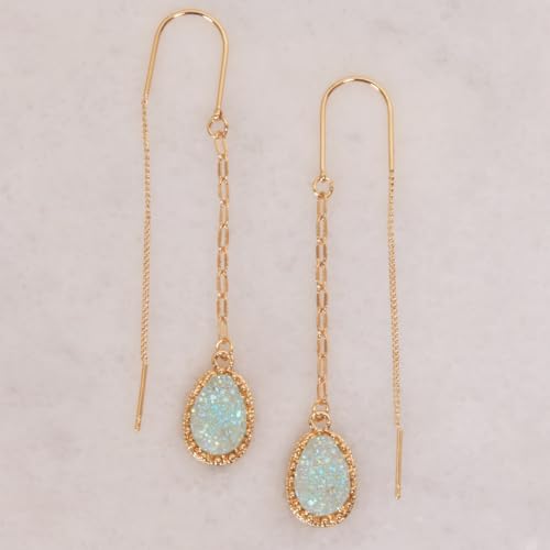 Simulated Druzy Threader Earrings for Women - Gold, Silver, or Rose Gold Tone Long Chain Earrings with Boho Created Geode Stone - color: Gold - Aqua Glitter Stone