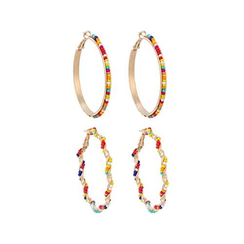 2 Pairs Bohemian Colorful Beads Circle Round Hoop Earrings Gold Hoop Dangle Earrings for Women Vintage Boho Jewelry - color: thin