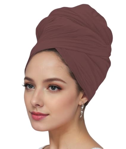 vabovin Head Wraps for Black Women Stretch Jersey Knit Turban Headwrap Solid Color Headscarf Headband Shawl - color: 04- Brown