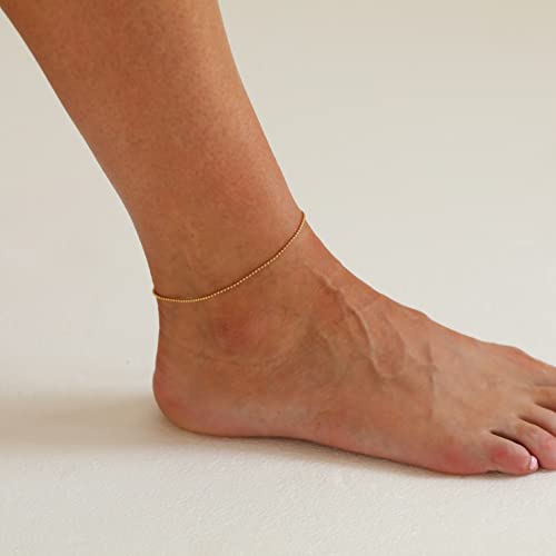 Dainty Ankle Bracelets for Women 18K Gold Plated Satellite Beaded Herringbone Lip Chain Anklets Simple Minimalist Summer Beach Foot Jewelry Christmas Gifts - color: Ball Chain-Gold