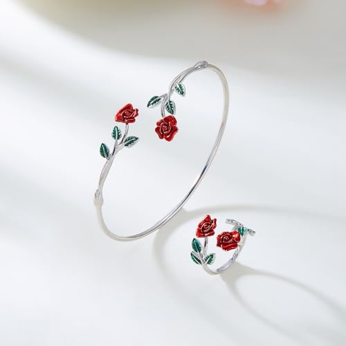 Dtja Vintage Rose Flower Bangle Cuff Bracelet Red Floral Statement Expandable Adjustable Ring for Women Antique Tribal Theme Green Leaf Jewelry for Valentine Christmas Holiday 2 Piece Set - color: Silver-Toned