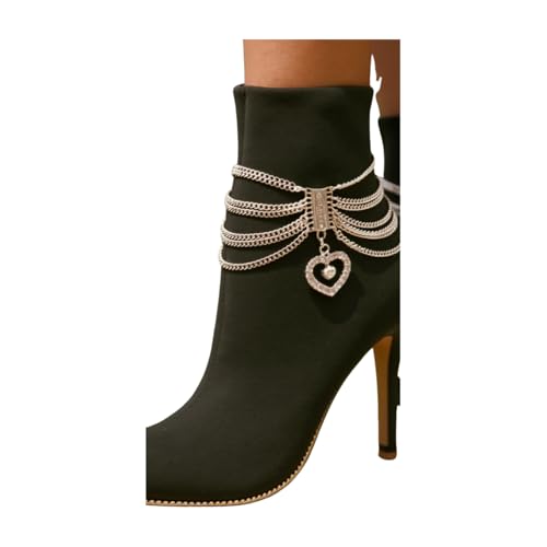 Women Fashion 2 Boot Bracelets Bling Metal Chain High Heel Link Love Heart Charm Silver A PAIR