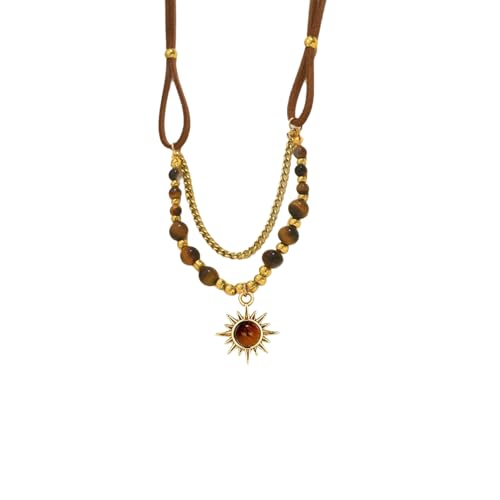 MYANAIL Tigers Eye Stone Sun Pendant Layered Necklaces for Women 14K Gold Maillard Tiger's Eye Beaded Choker Necklace Jewelry Accessory Spiritual Healing Stone Stacked Chain Necklaces - color: Brown