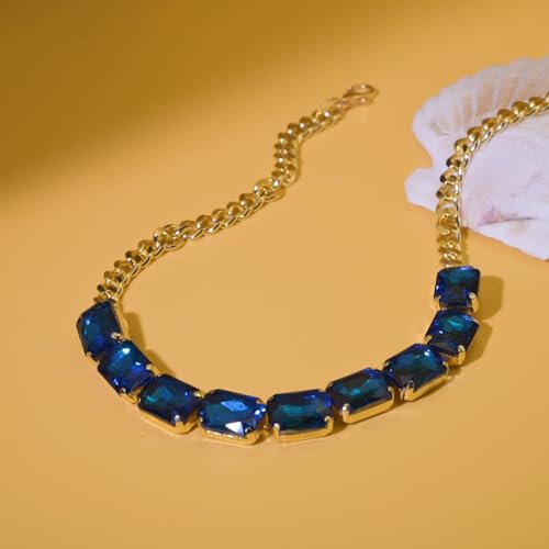 Fashionable Chunky Plated Tennis Rhinestone Statement Necklace Jewelry Set for Women Multicolor gem necklace with Great Sparkle and Shine Design for Women to Easy Match - color: BLUE rhinestone necklace
