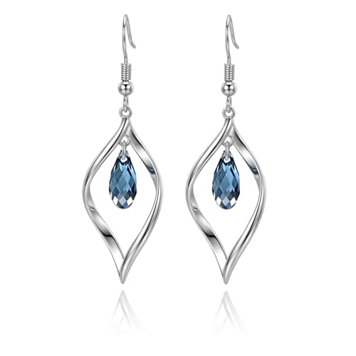 Rhodium Plate 925 Sterling Silver Hook Twist Leaf Holiday Hypoallergenic Dangle Earrings for Women Gifts Engagement Wedding with Austrian Daiamond Cut Waterdrop Crystal Hight Polished Long :1.9 IN - color: dark blue cryal