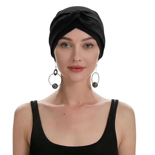 ZLYC Chemo Headwear for Women Pre Tied Turban Headwear Lightweight Beanie Hat - color: Knot Black