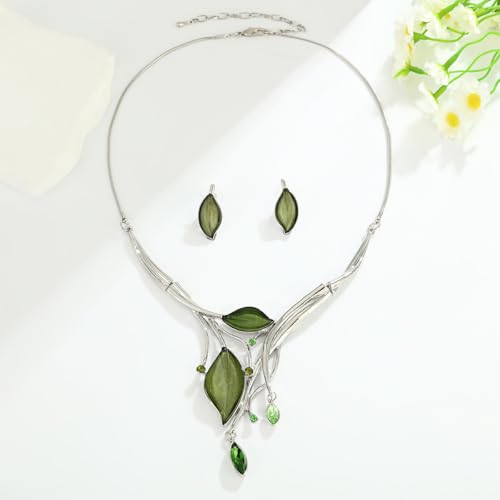 Vintage Chunky Statement Jewelry Set Retro Leaf Floral Geometric Bohemian Boho Bib Necklace Earring Set Fashion Costume Jewelry for Women Girls Wedding Party Prom Unique Gift - style: 2 leaves marquise crystal JS silver green