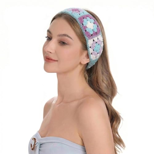 ZLYC Women Floral Headband Handmade Crochet Knit Vintage Hair Bands (Floral Blue) - color: Floral Blue