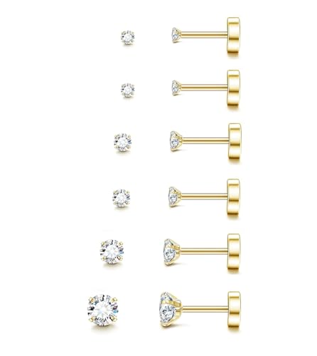 20G Hypoallergenic Surgical Steel Square Pearl Ball CZ Flat Back Stud Earrings for Sensitive Ear, Lightweight Shiny Earrings Studs for Helix Tragus Cartilage Multiple Piercing - color: Gold-H